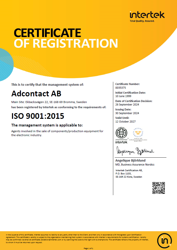 Adcontact AB ISO 9001:2015 certificate issued by Intertek