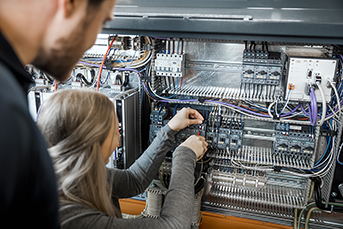 Wire ferrules in use — terminating conductors in an industrial control cabinet